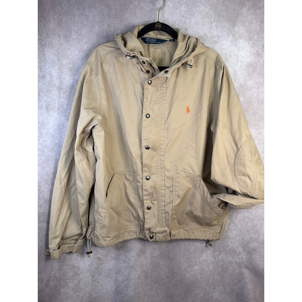 VTG Polo Ralph Lauren Windbreaker Men Large Khaki Hooded Cotton Utility Jacket